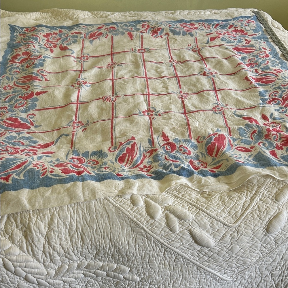 Vintage linen blue and red Patterned tablecloth. No holes. Washed. 51 1/2 x 46.